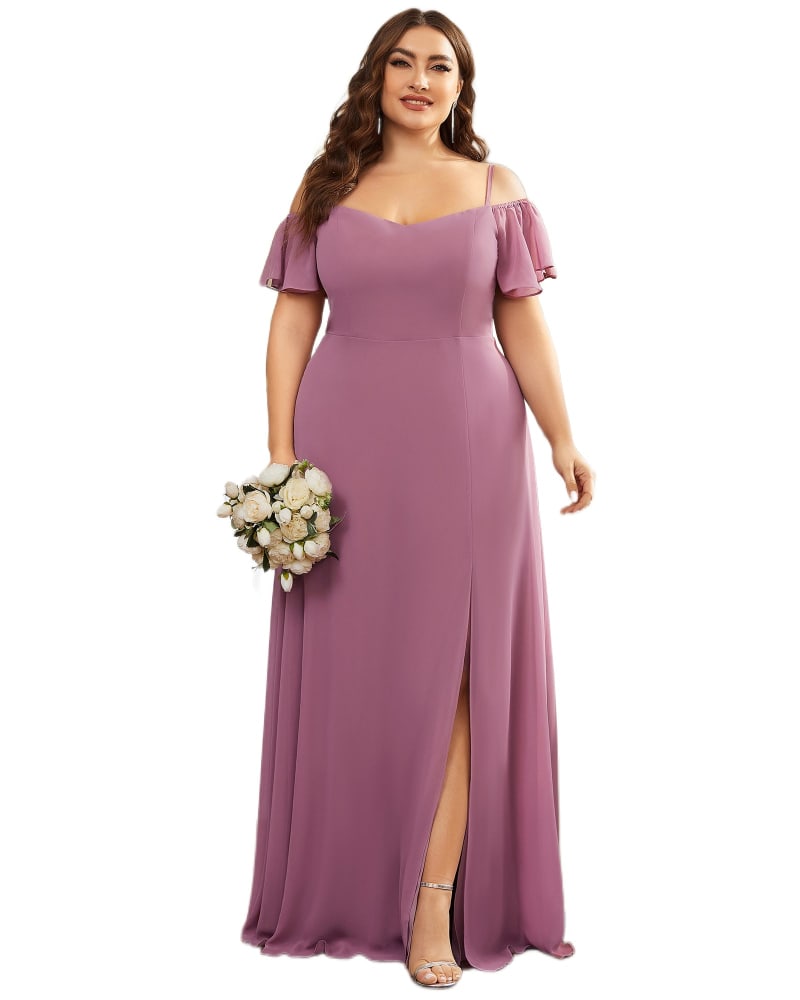 Front of a model wearing a size 16 Stylish Cold Shoulder Flare Sleeves Flowy Bridesmaid Dress in Purple Orchid by Ever-Pretty. | dia_product_style_image_id:340221